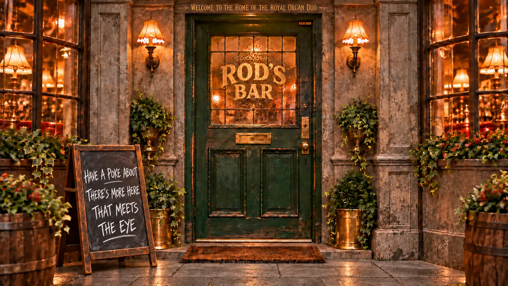 The entrance to Rod’s Bar with a handwritten pavement chalkboard
