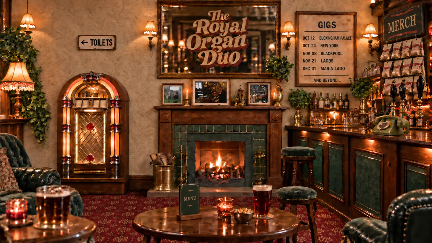A photographic warm vintage pub room with a jukebox, framed musician photographs, cream fern-pattern wallpaper, maroon carpet, merch display and an upright menu beside a pint on the table