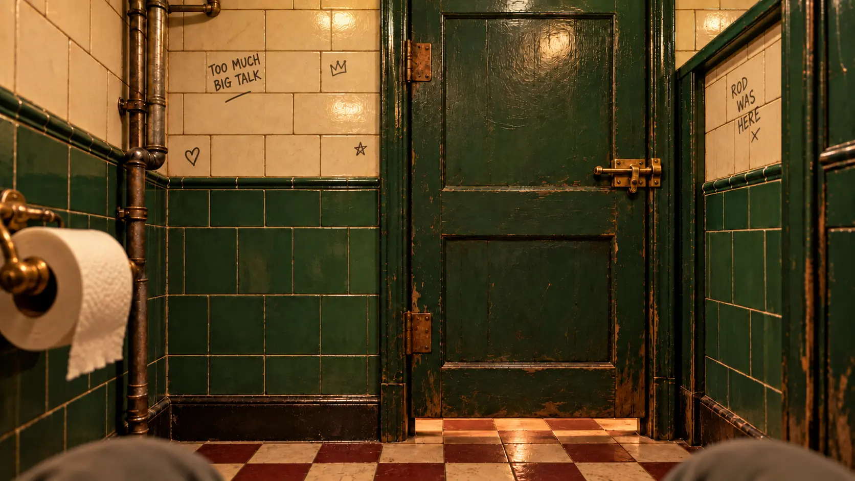 A seated view across a clean, well-aged pub toilet towards its green door and lightly graffitied tiled wall